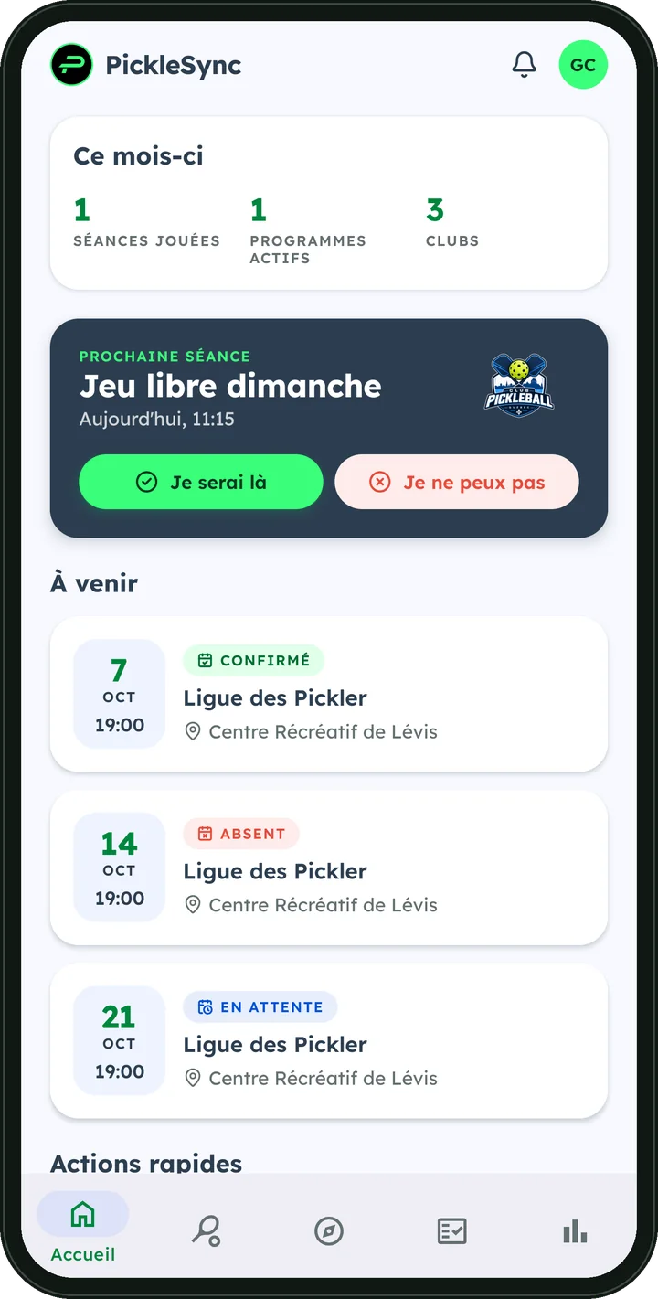 Écran d’accueil de l’application PickleSync : la prochaine séance avec les boutons « Je serai là » et « Je ne peux pas », puis les séances à venir