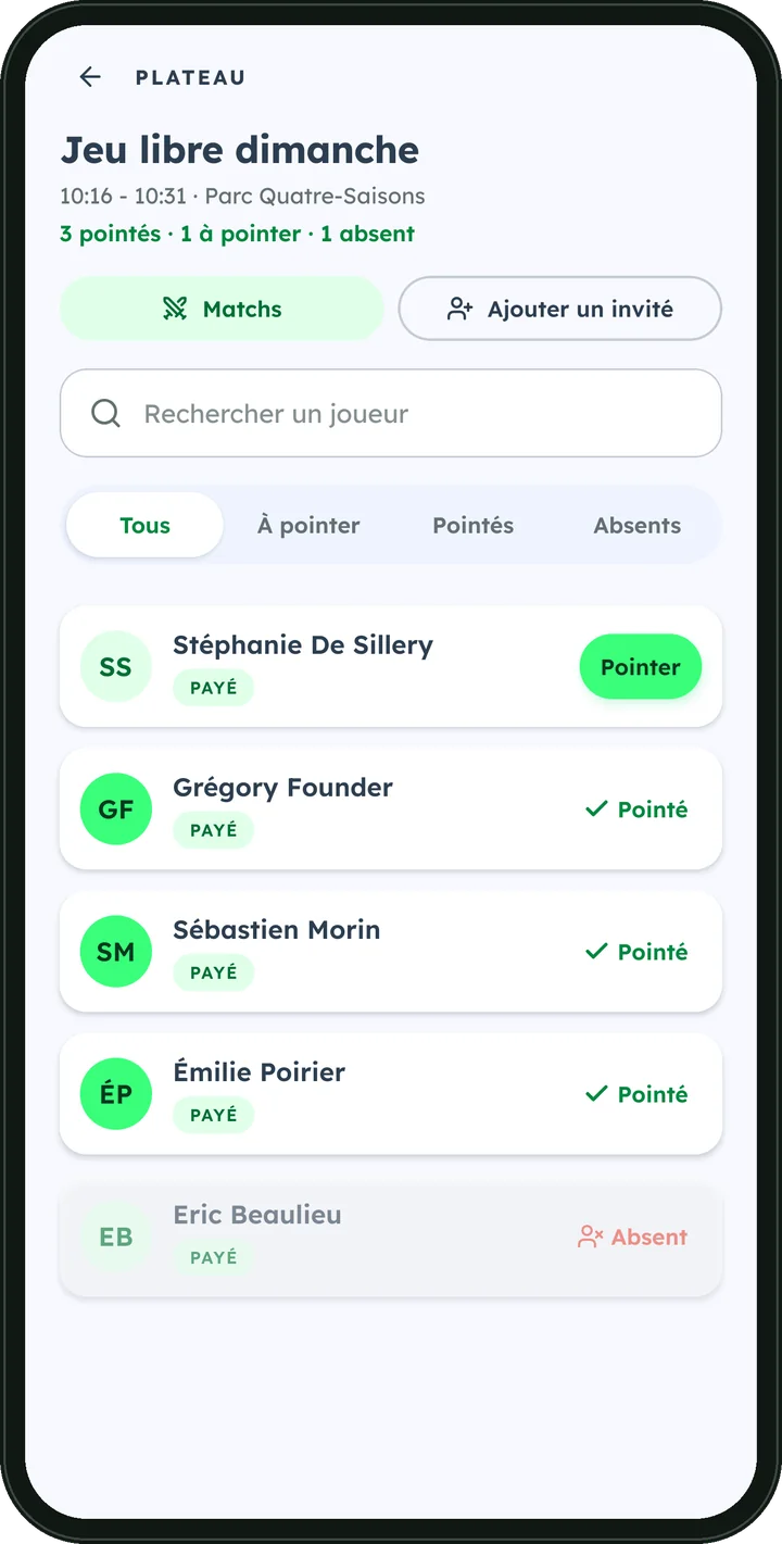 Plateau d’une séance dans l’application PickleSync : les joueurs à pointer, pointés et absents