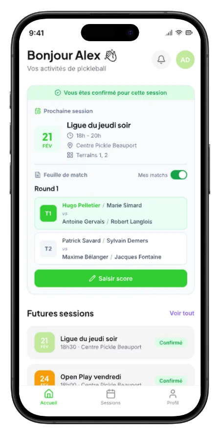PickleSync player portal on a phone: upcoming sessions and match sheets