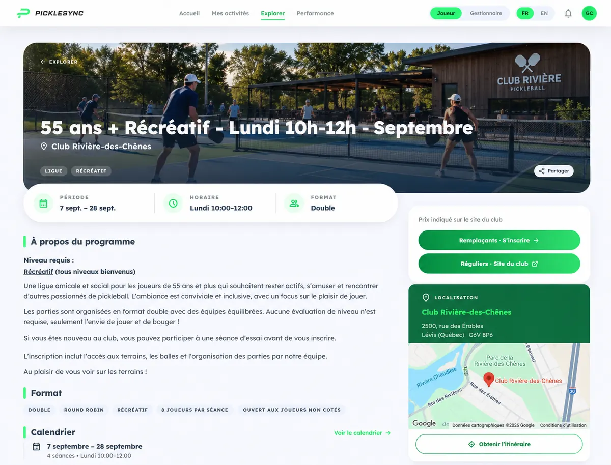 Portail joueur PickleSync : la fiche d’un programme de pickleball, son horaire, son format et le bouton d’inscription